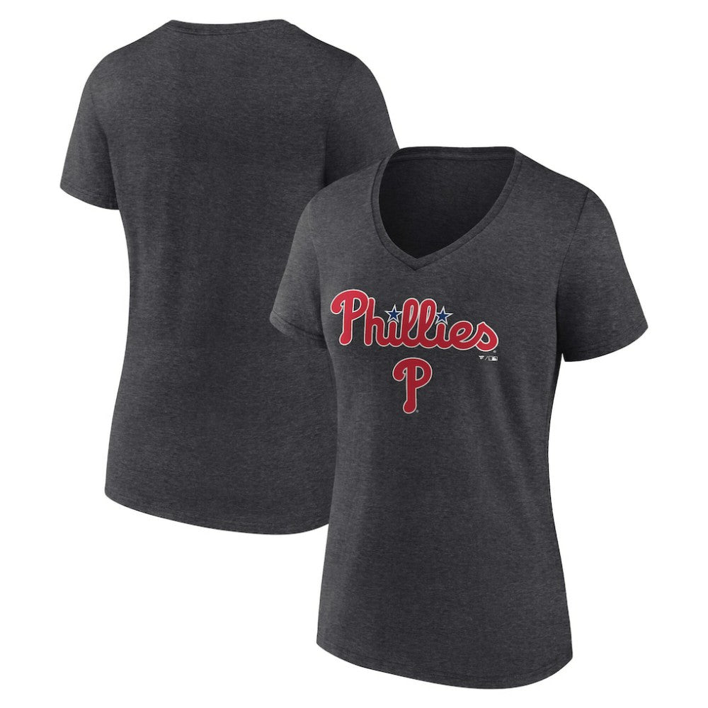 Philadelphia Phillies Women's Team Lockup V-Neck T-Shirt Charcoal