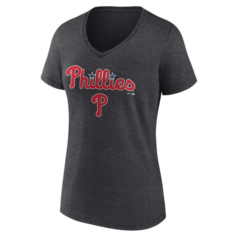 Philadelphia Phillies Women's Team Lockup V-Neck T-Shirt Charcoal