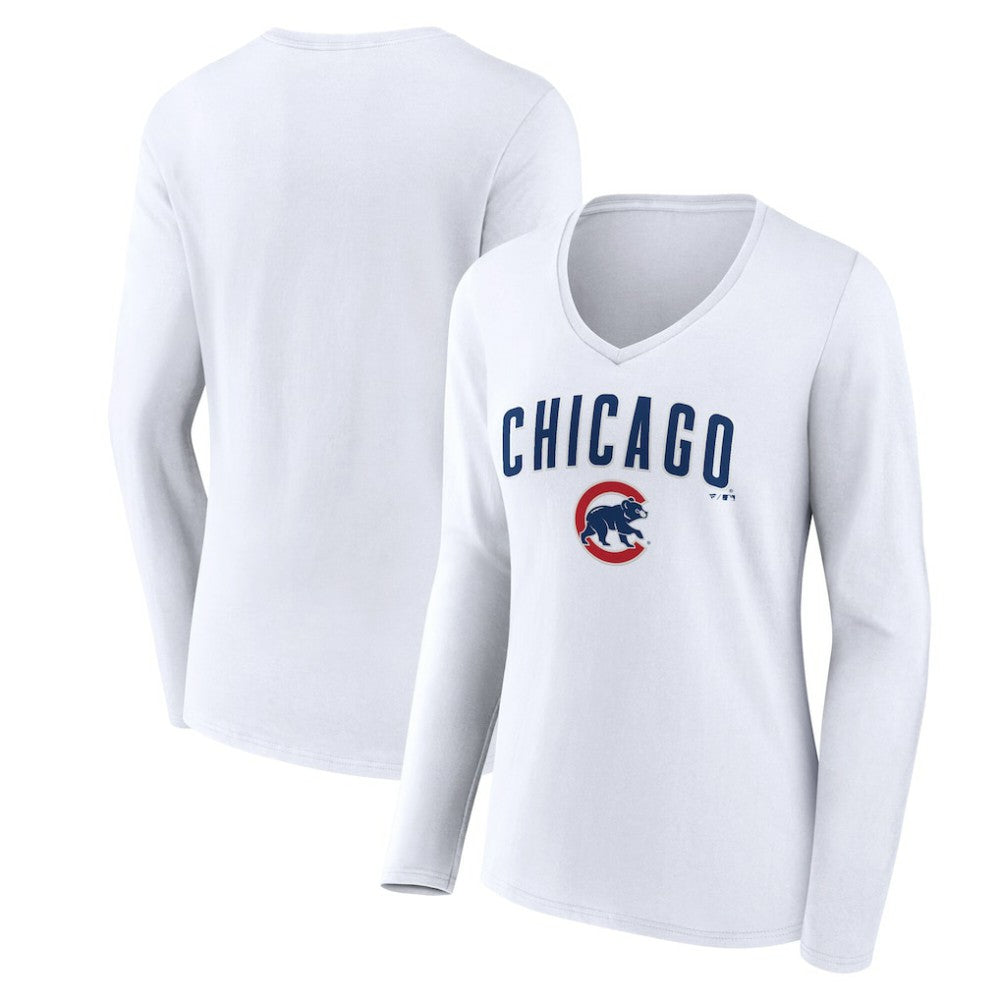 Chicago Cubs Women's Team Lockup Long Sleeve V-Neck T-Shirt White