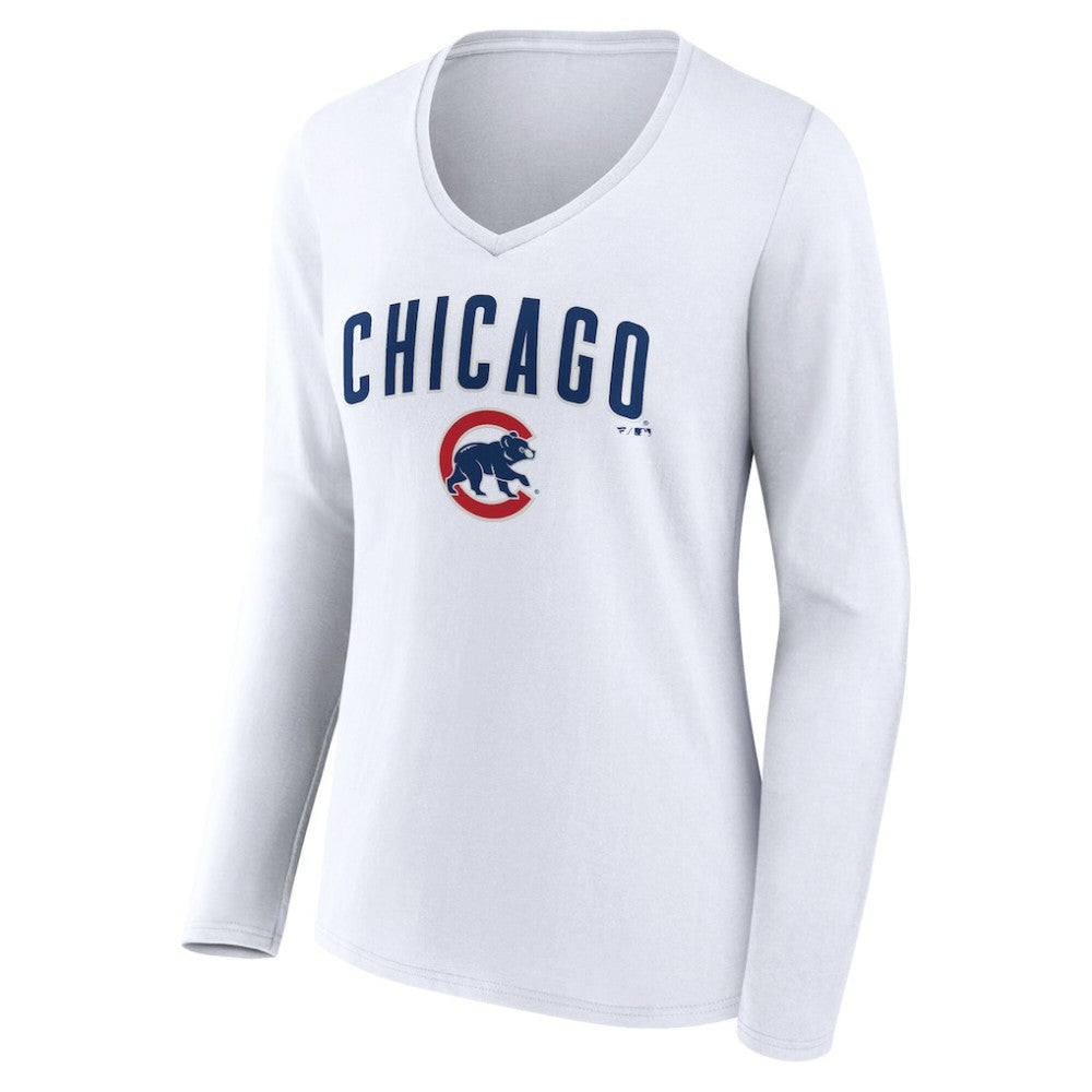 Chicago Cubs Women's Team Lockup Long Sleeve V-Neck T-Shirt White
