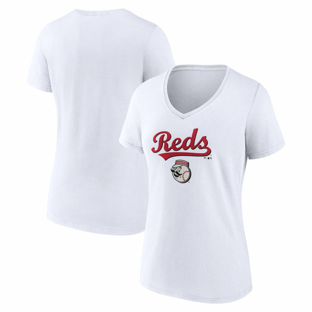 Cincinnati Reds Women's Team Lockup V-Neck T-Shirt White