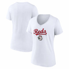 Cincinnati Reds Women's Team Lockup V-Neck T-Shirt White
