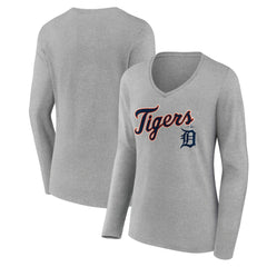 Detroit Tigers Women's Team Lockup Long Sleeve V-Neck T-Shirt Gray