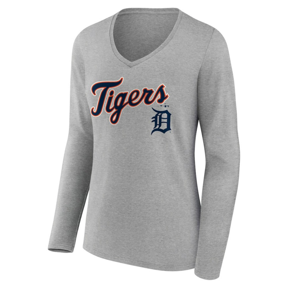 Detroit Tigers Women's Team Lockup Long Sleeve V-Neck T-Shirt Gray