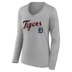 Detroit Tigers Women's Team Lockup Long Sleeve V-Neck T-Shirt Gray