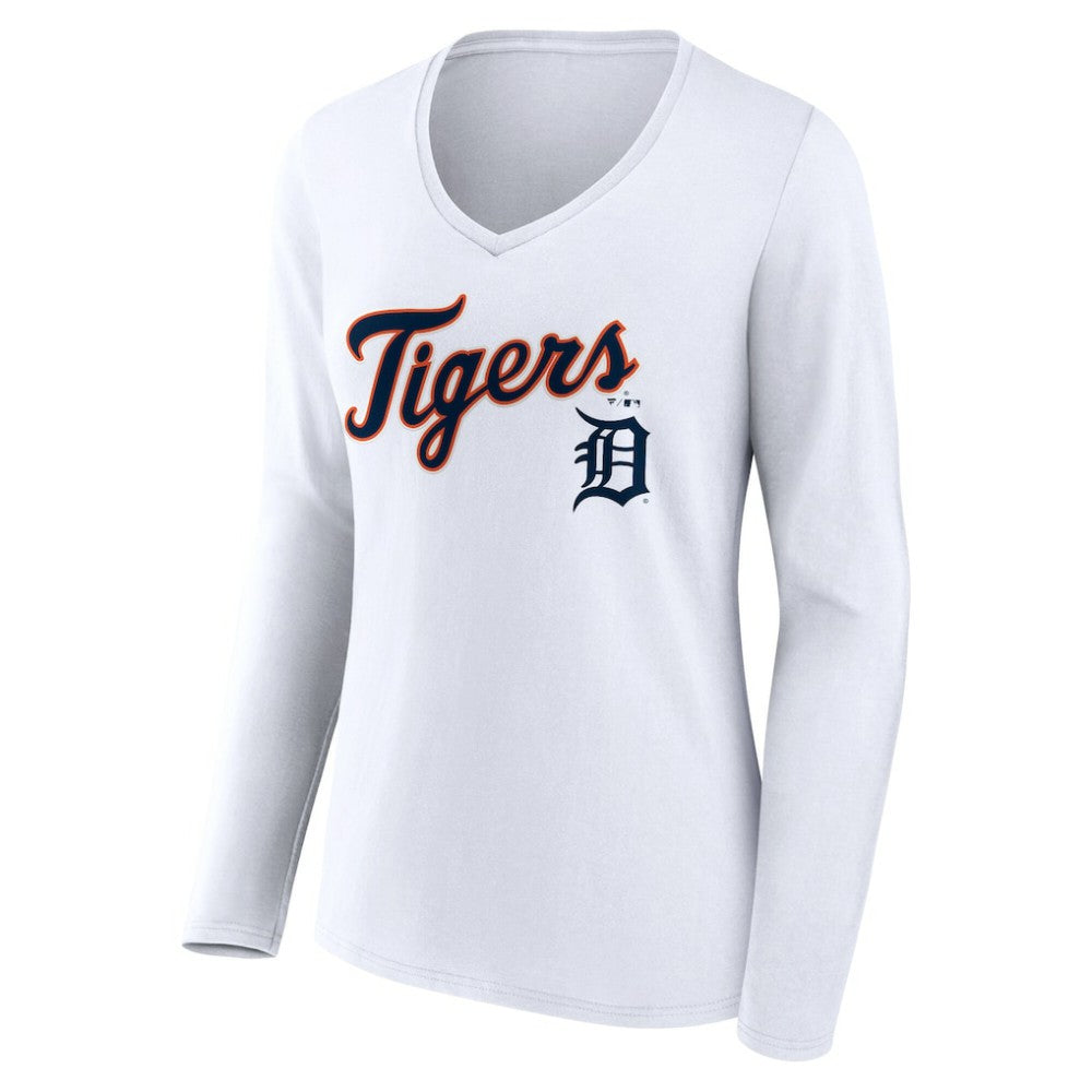 Detroit Tigers Women's Team Lockup Long Sleeve V-Neck T-Shirt White
