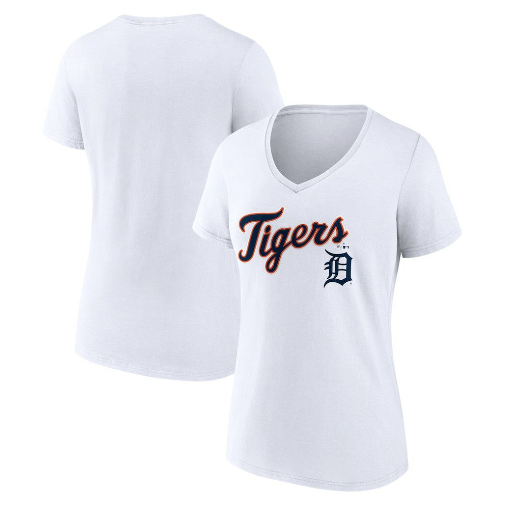 Detroit Tigers Women's Team Lockup V-Neck T-Shirt White