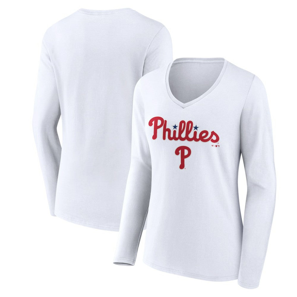 Philadelphia Phillies Women's Team Lockup Long Sleeve V-Neck T-Shirt White