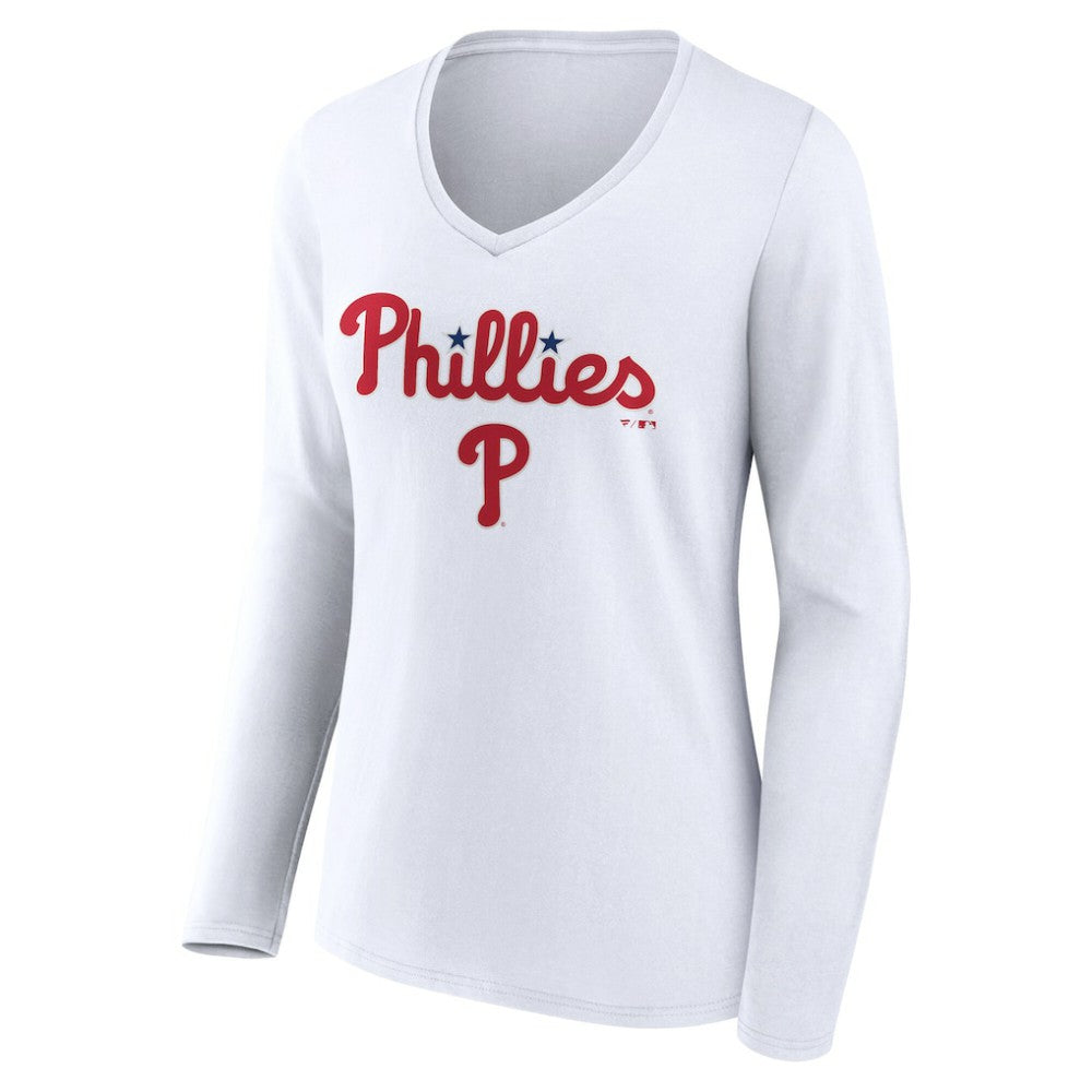 Philadelphia Phillies Women's Team Lockup Long Sleeve V-Neck T-Shirt White