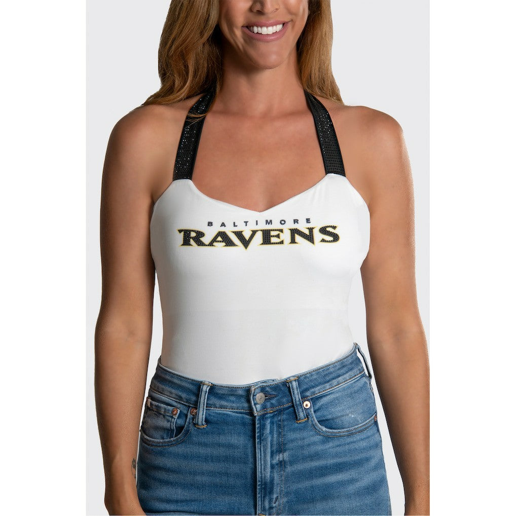 Baltimore Ravens Cuce Women's Rhinestone Semi-Cropped Halter Tank - White discount