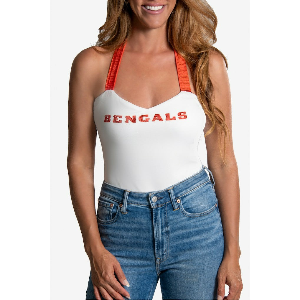Cincinnati Bengals Cuce Women's Rhinestone Semi-Cropped Halter Tank - White discount