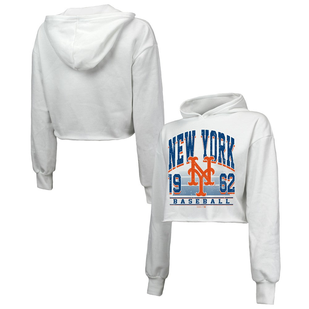 New York Mets Majestic Threads Women's Cropped Have A Field Day Tri-Blend Hoodie White