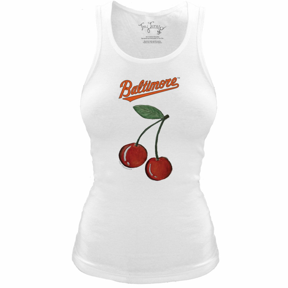 Baltimore Orioles Tiny Turnip Women's Fitted Cherries Tri-Blend Tank Top White