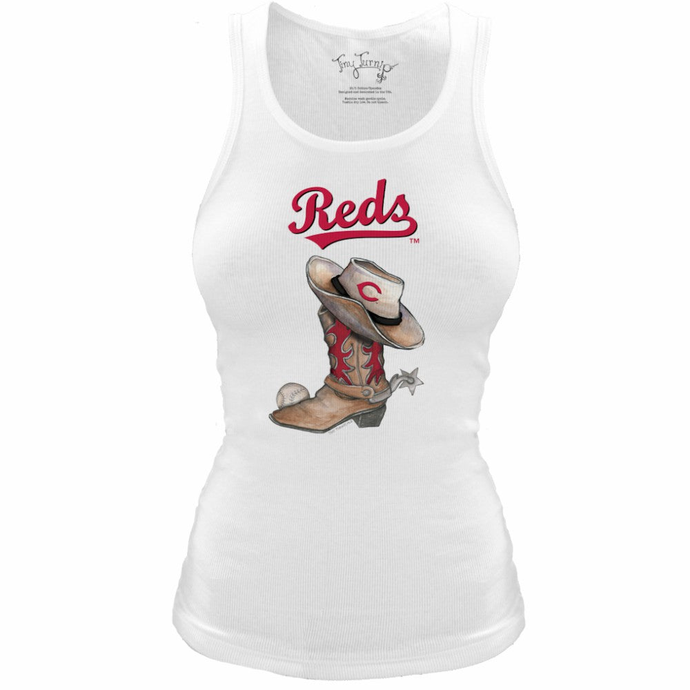 Cincinnati Reds Tiny Turnip Women's Fitted Vintage Cowboy Boot Tri-Blend Tank Top White