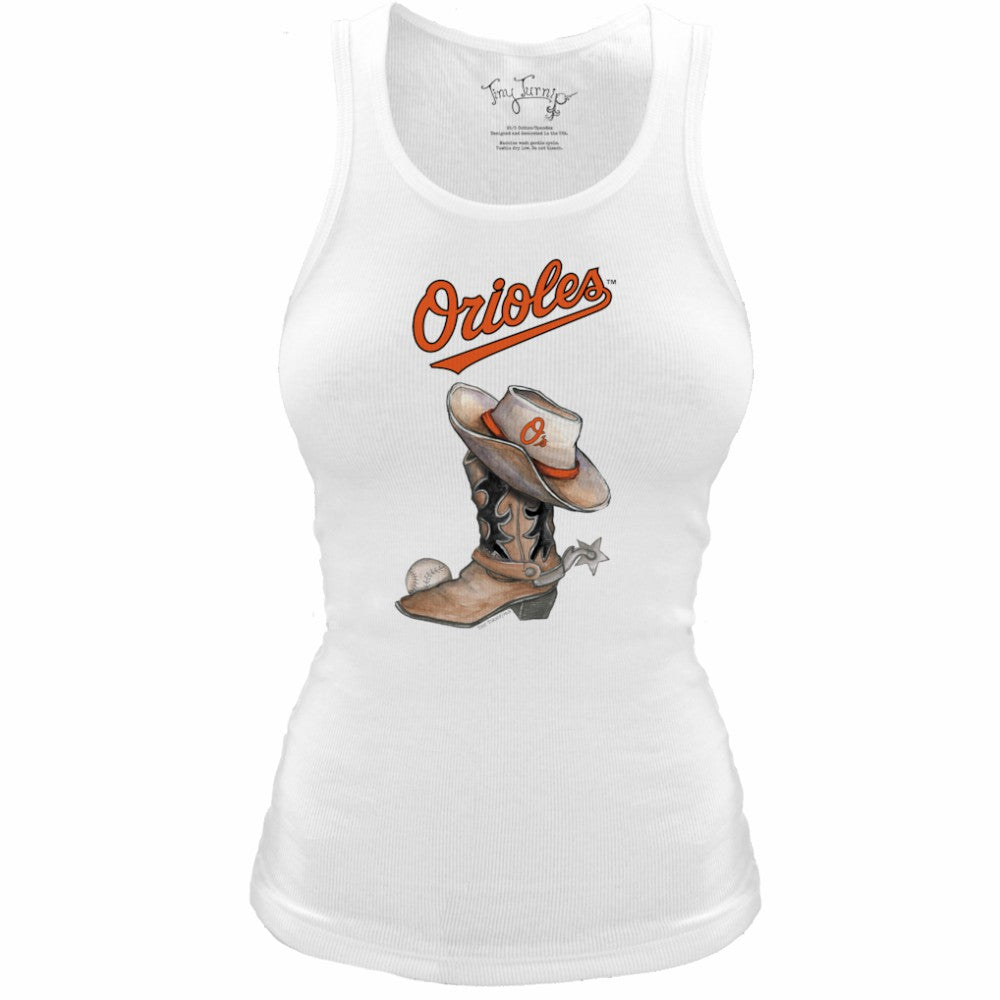 Baltimore Orioles Tiny Turnip Women's Fitted Vintage Cowboy Boot Tri-Blend Tank Top White