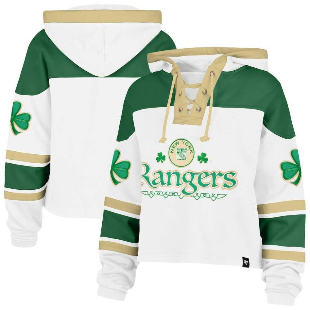 New York Rangers '47 Women's McLucky Cropped Lacer Hoodie - White Hoodies