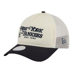 New York Yankees Women's Retro 9FORTY M-Crown A-Frame Trucker Adjustable Hat Light Beige/Navy