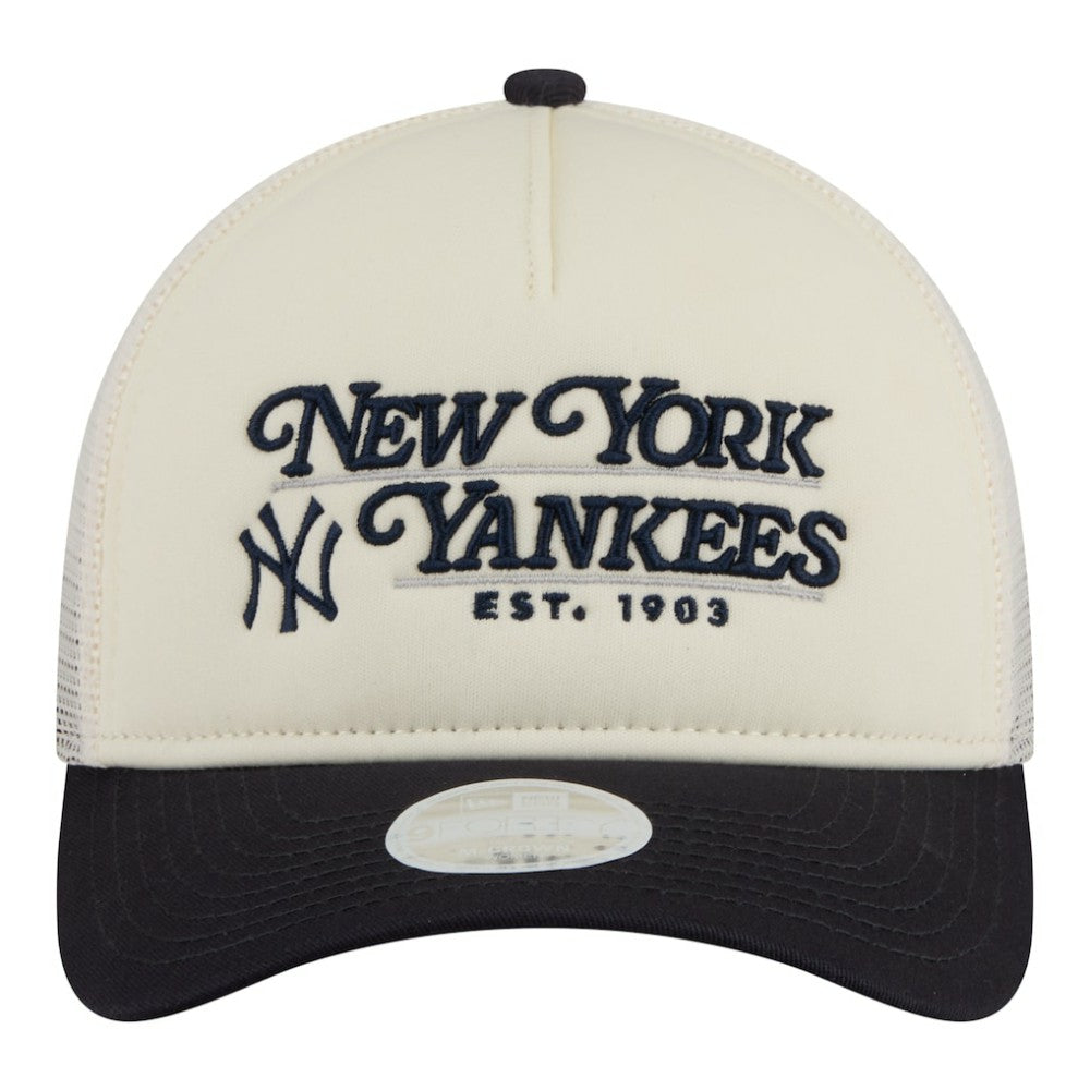 New York Yankees Women's Retro 9FORTY M-Crown A-Frame Trucker Adjustable Hat Light Beige/Navy