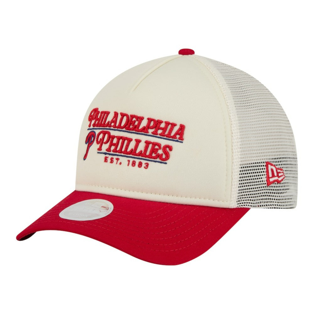 Philadelphia Phillies Women's Retro 9FORTY M-Crown A-Frame Trucker Adjustable Hat Light Beige/Red