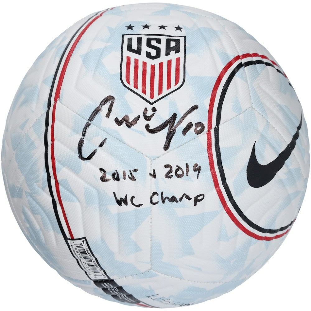 Carli Lloyd USWNT Autographed USA Logo Soccer Ball with "2015, 2019 WC Champ" Inscription