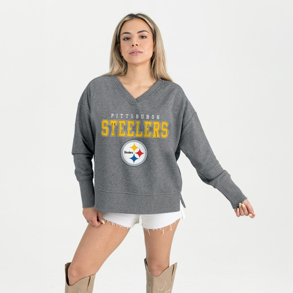 Pittsburgh Steelers Gameday Couture Women's French Terry V-Neck Pullover Sweatshirt - Gray cheap