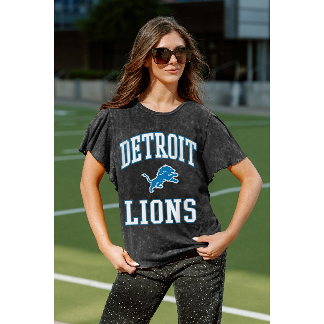 Detroit Lions Gameday Couture Women's Relaxed Flutter Sleeve T-Shirt - Black cheap