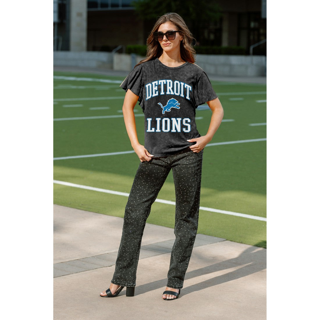 Detroit Lions Gameday Couture Women's Relaxed Flutter Sleeve T-Shirt - Black cheap