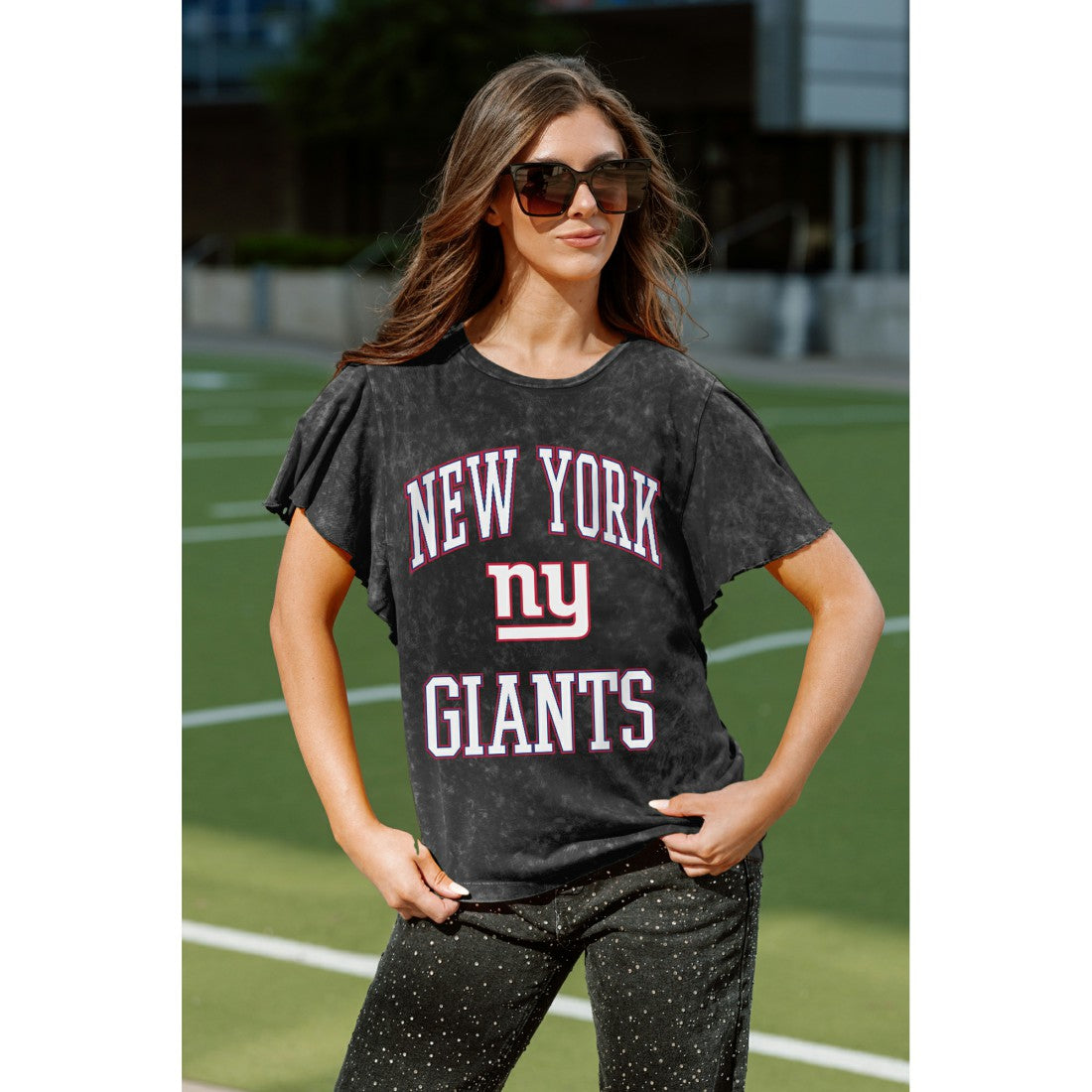 New York Giants Gameday Couture Women's Relaxed Flutter Sleeve T-Shirt - Black discount