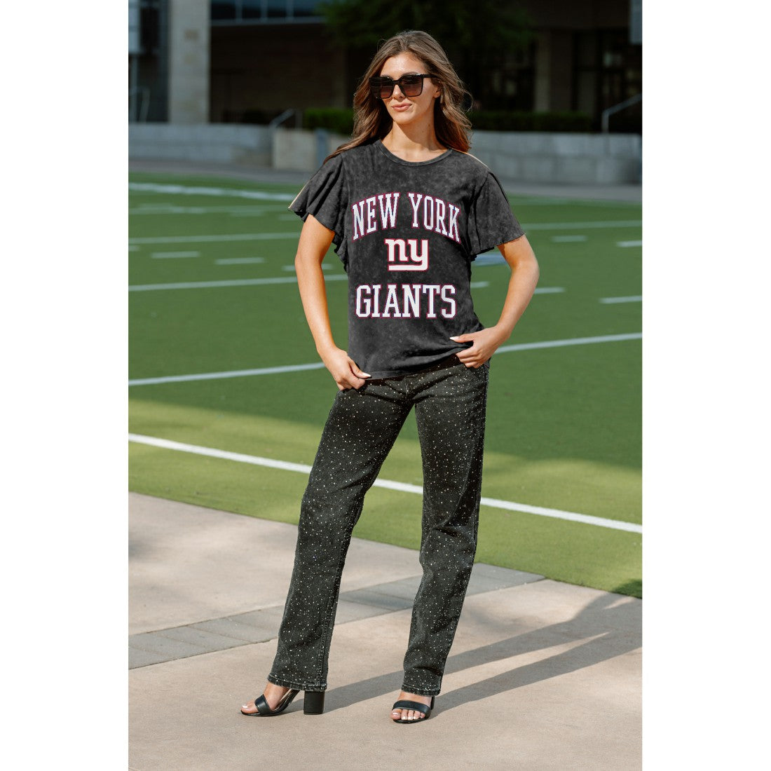 New York Giants Gameday Couture Women's Relaxed Flutter Sleeve T-Shirt - Black discount
