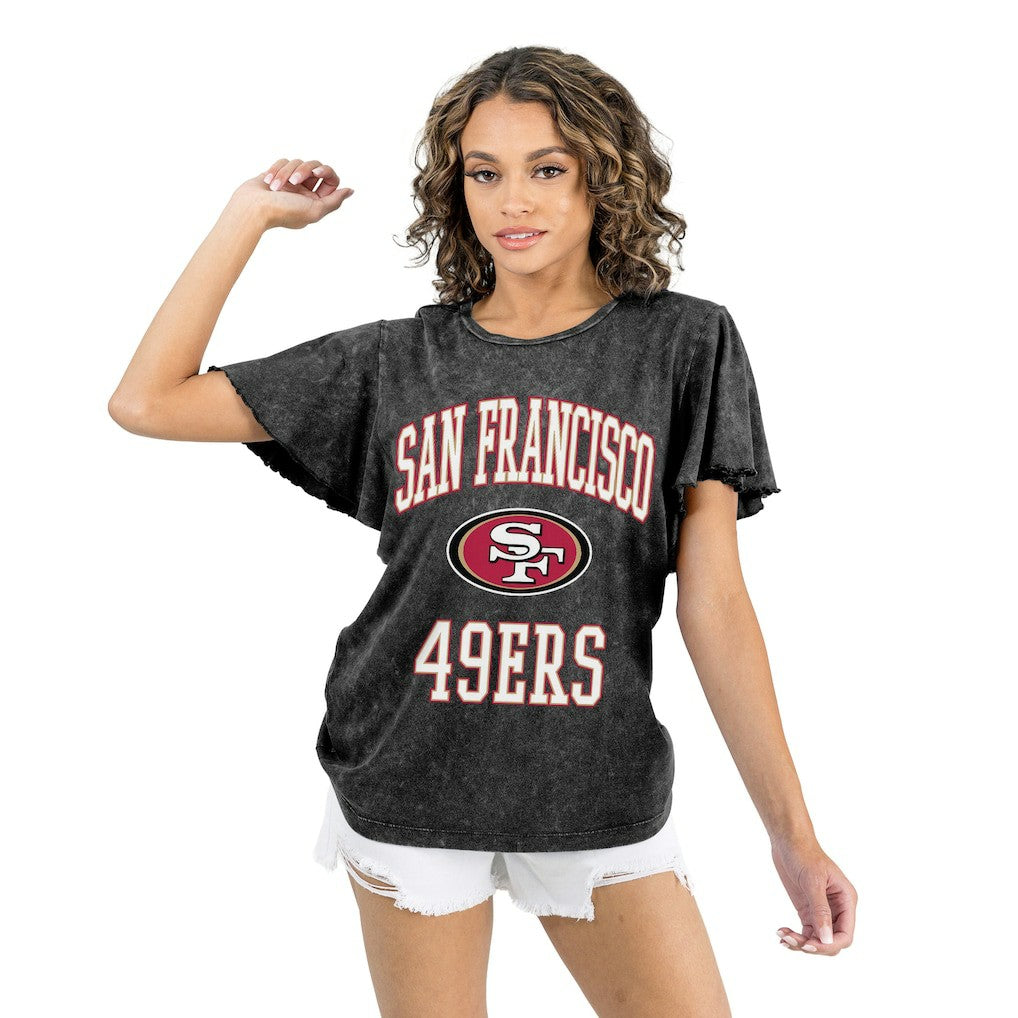 San Francisco 49ers Gameday Couture Women's Relaxed Flutter Sleeve T-Shirt - Black cheap