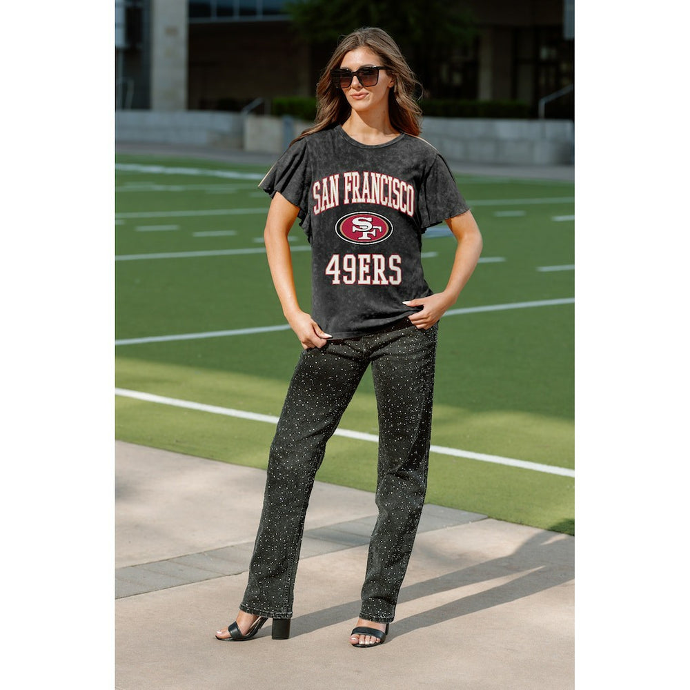 San Francisco 49ers Gameday Couture Women's Relaxed Flutter Sleeve T-Shirt - Black cheap