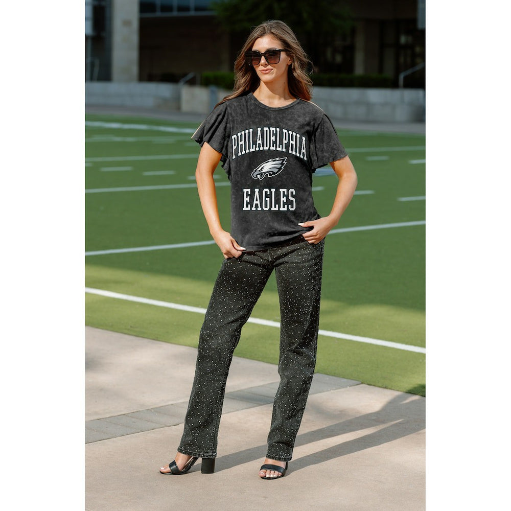 Philadelphia Eagles Gameday Couture Women's Relaxed Flutter Sleeve T-Shirt - Black discount