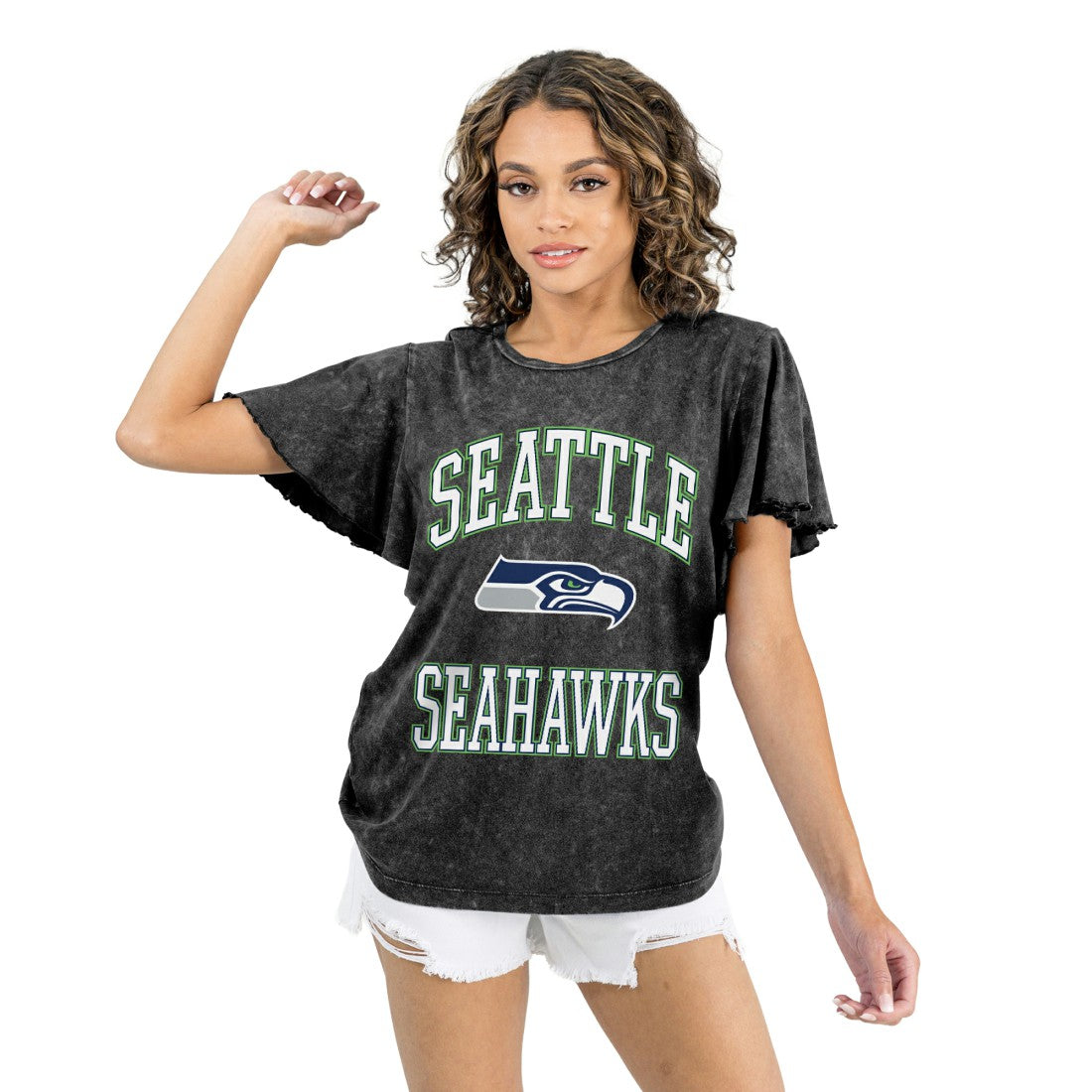Seattle Seahawks Gameday Couture Women's Relaxed Flutter Sleeve T-Shirt - Black cheap