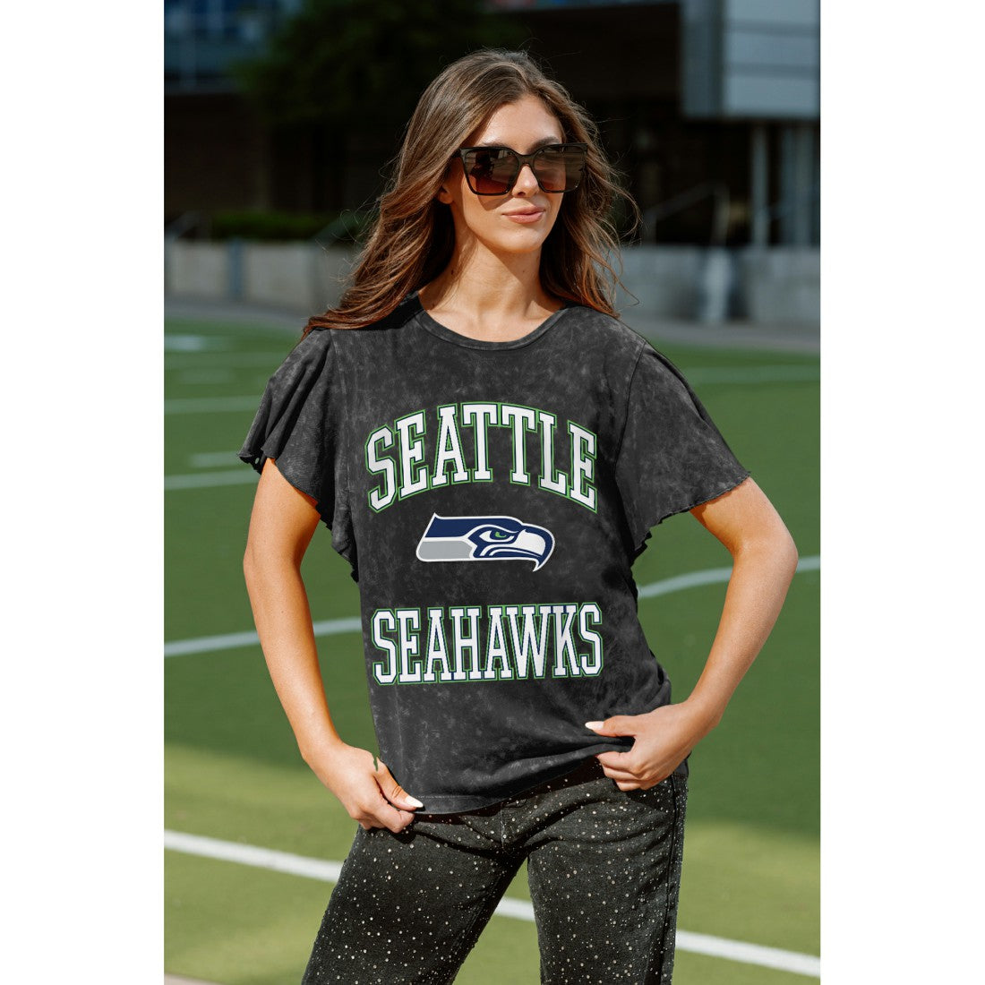 Seattle Seahawks Gameday Couture Women's Relaxed Flutter Sleeve T-Shirt - Black cheap
