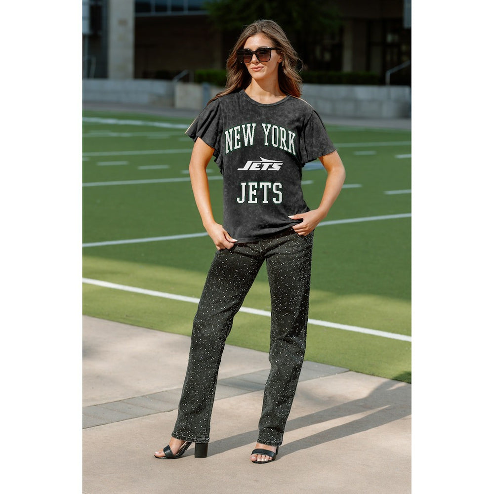 New York Jets Gameday Couture Women's Relaxed Flutter Sleeve T-Shirt - Black on sale