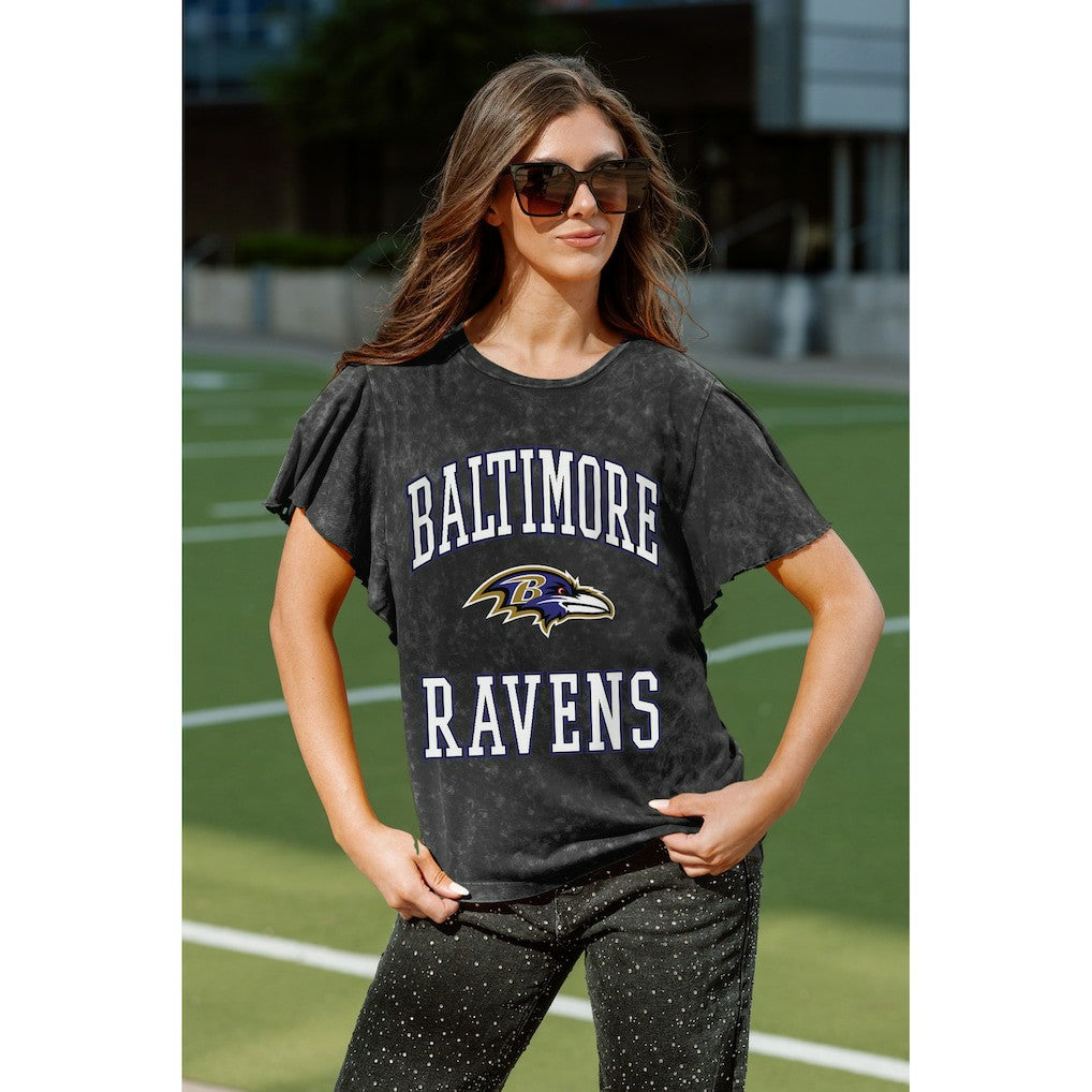 Baltimore Ravens Gameday Couture Women's Relaxed Flutter Sleeve T-Shirt - Black for sale
