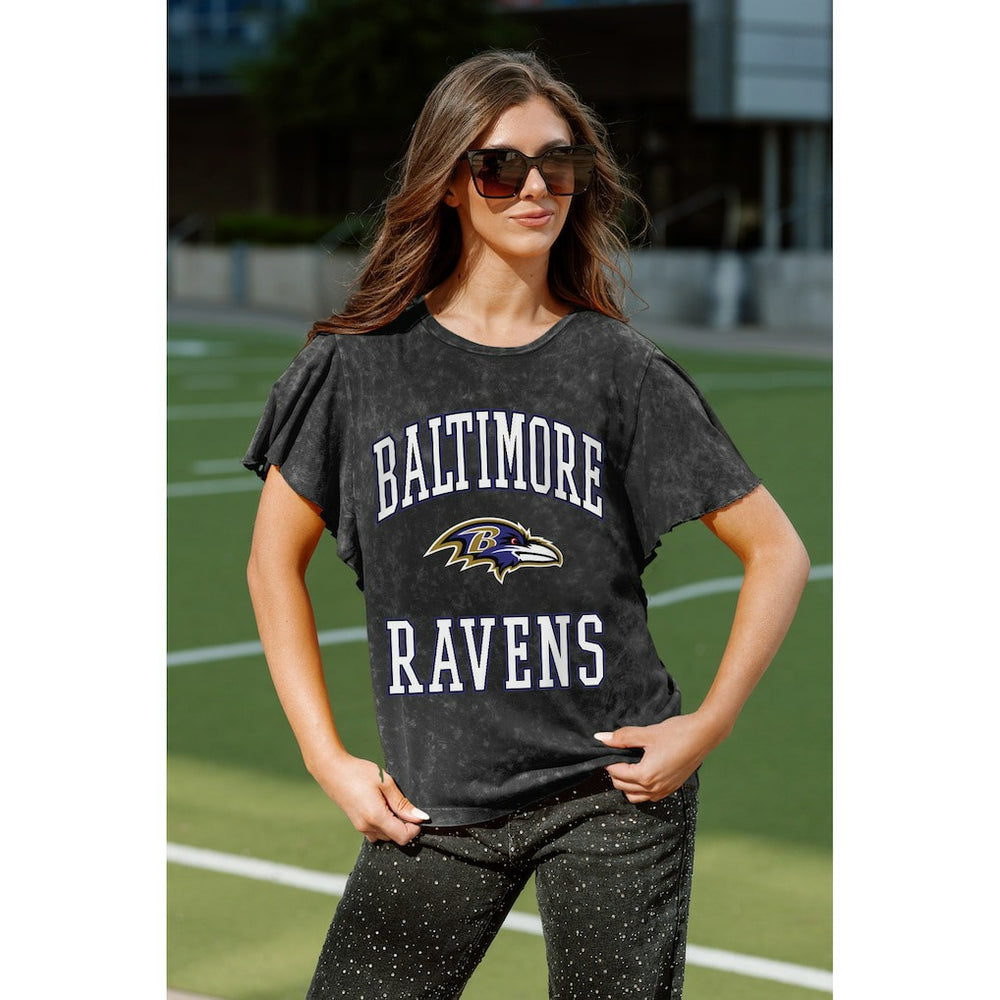 Baltimore Ravens Gameday Couture Women's Relaxed Flutter Sleeve T-Shirt - Black for sale