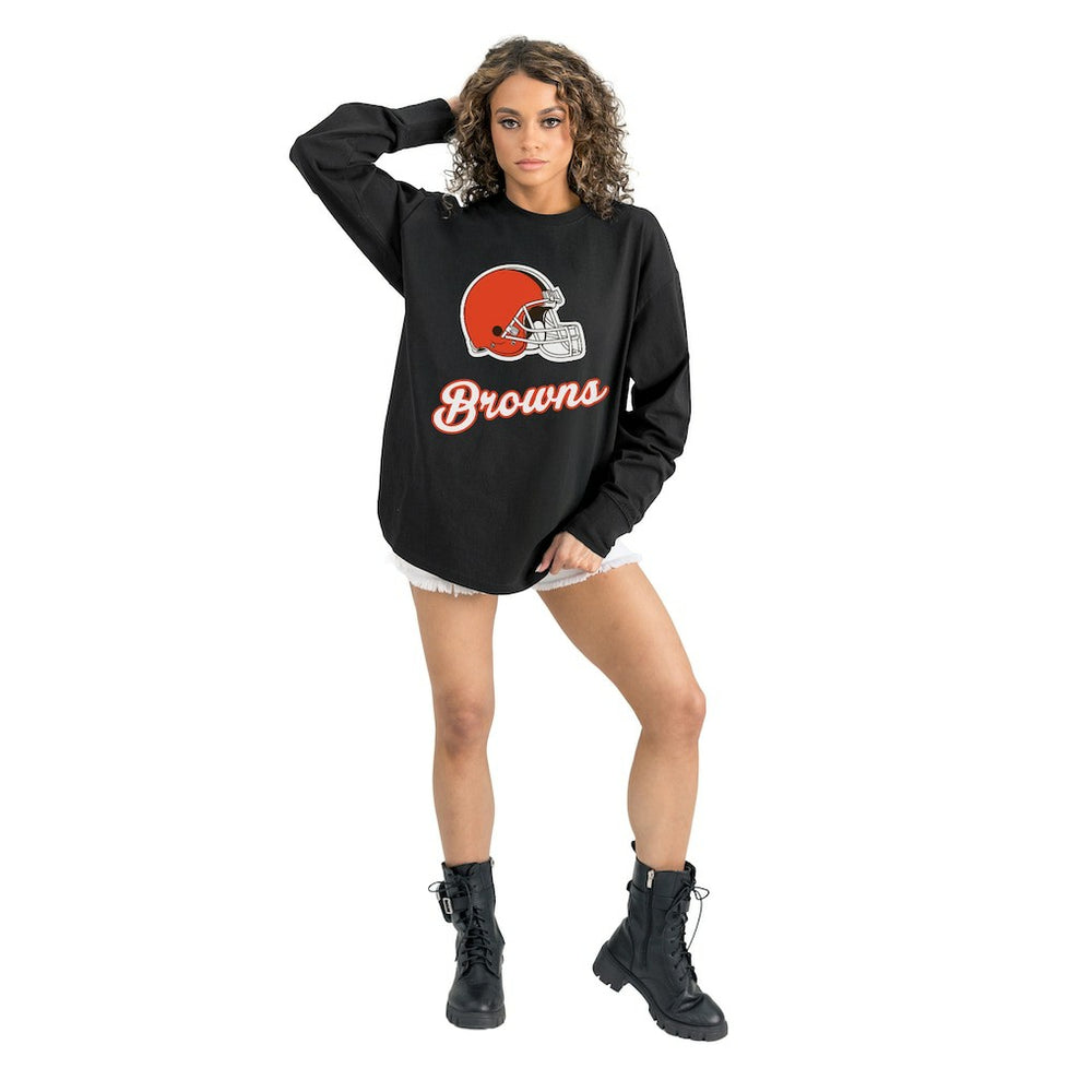 Cleveland Browns Gameday Couture Women's Oversized Long Sleeve T-Shirt - Black on sale