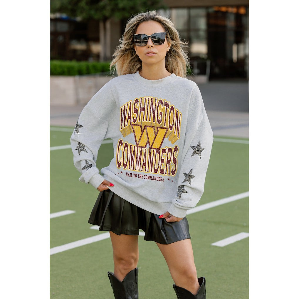 Washington Commanders Gameday Couture Women's Resilience Relaxed Rhinestone Pullover Sweatshirt - Ash for sale