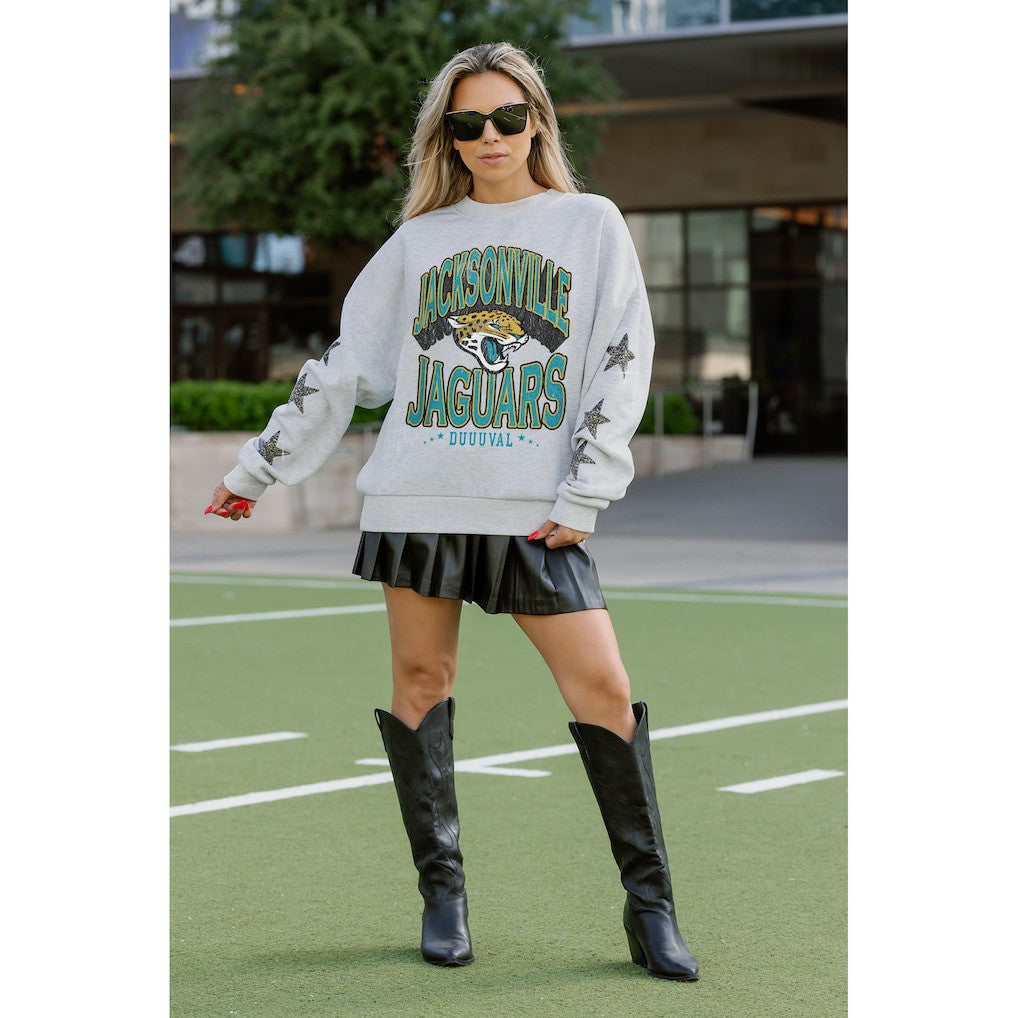 Jacksonville Jaguars Gameday Couture Women's Resilience Relaxed Rhinestone Pullover Sweatshirt - Ash online