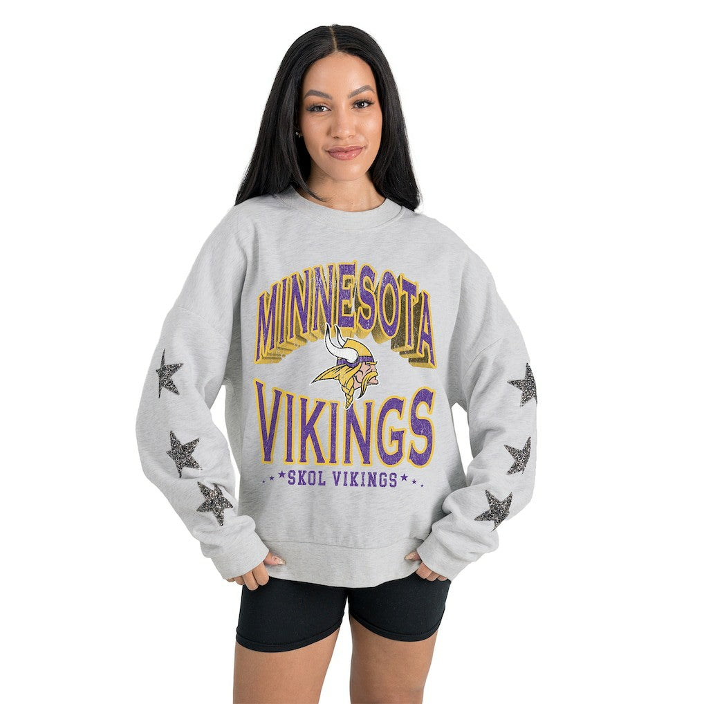 Minnesota Vikings Gameday Couture Women's Resilience Relaxed Rhinestone Pullover Sweatshirt - Ash for sale