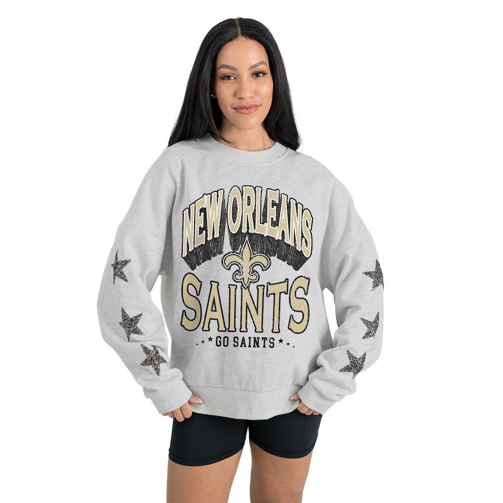 New Orleans Saints Gameday Couture Women's Resilience Relaxed Rhinestone Pullover Sweatshirt - Ash outlet