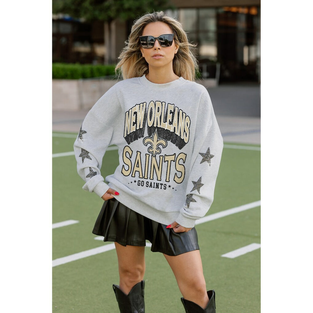 New Orleans Saints Gameday Couture Women's Resilience Relaxed Rhinestone Pullover Sweatshirt - Ash outlet
