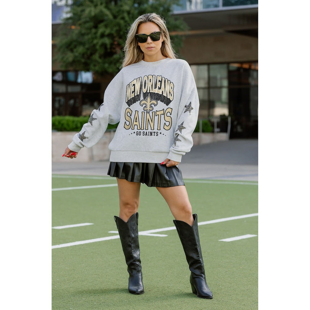 New Orleans Saints Gameday Couture Women's Resilience Relaxed Rhinestone Pullover Sweatshirt - Ash outlet