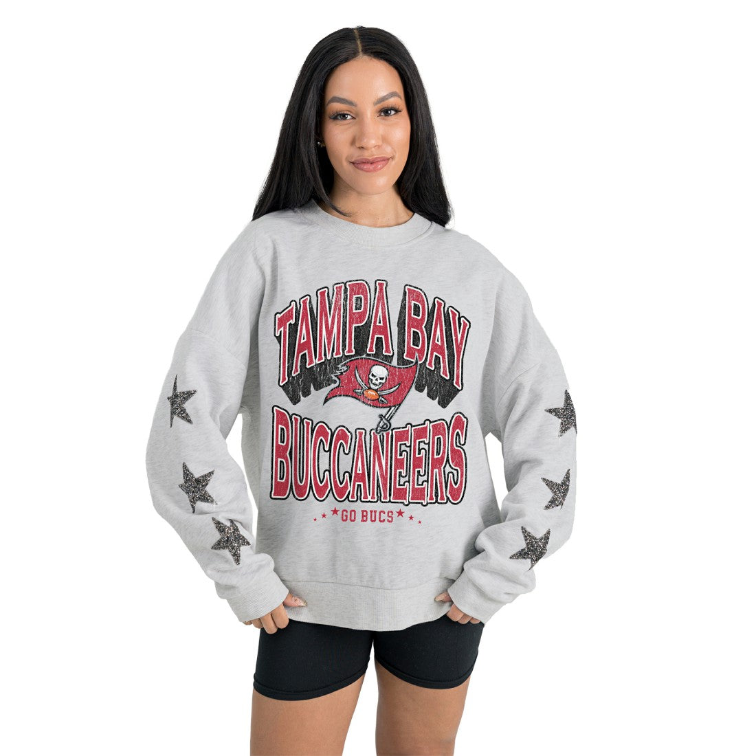 Tampa Bay Buccaneers Gameday Couture Women's Resilience Relaxed Rhinestone Pullover Sweatshirt - Ash on sale