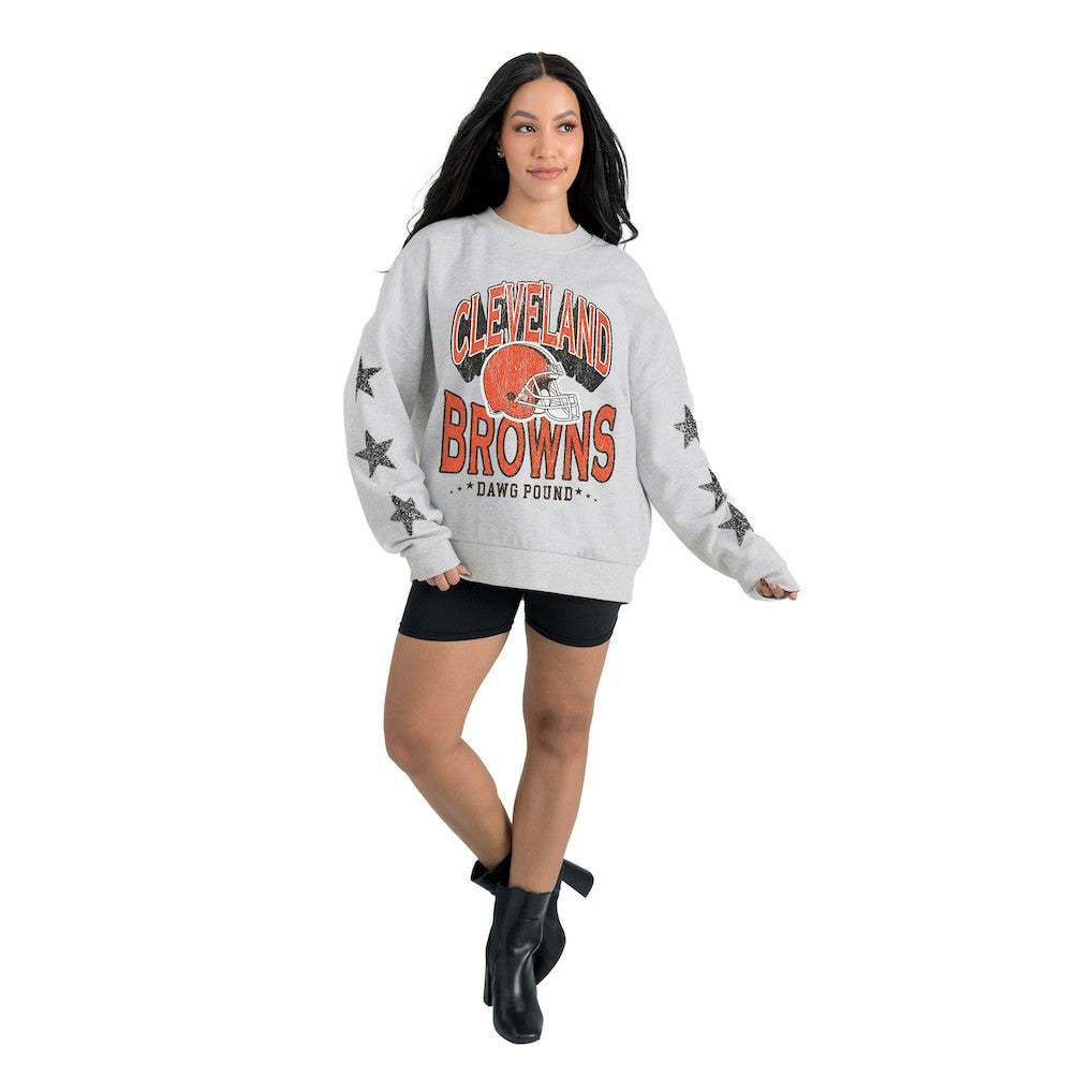 Cleveland Browns Gameday Couture Women's Resilience Relaxed Rhinestone Pullover Sweatshirt - Ash on sale