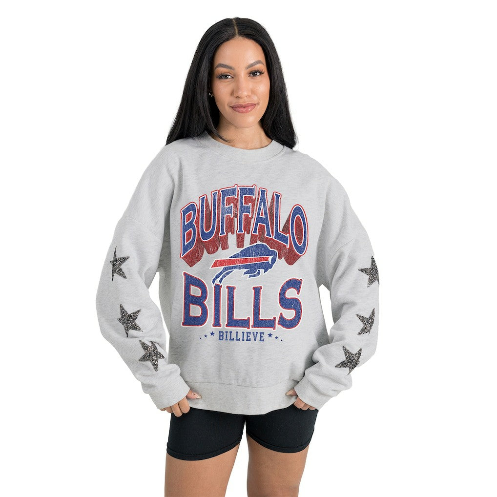Buffalo Bills Gameday Couture Women's Resilience Relaxed Rhinestone Pullover Sweatshirt - Ash sale