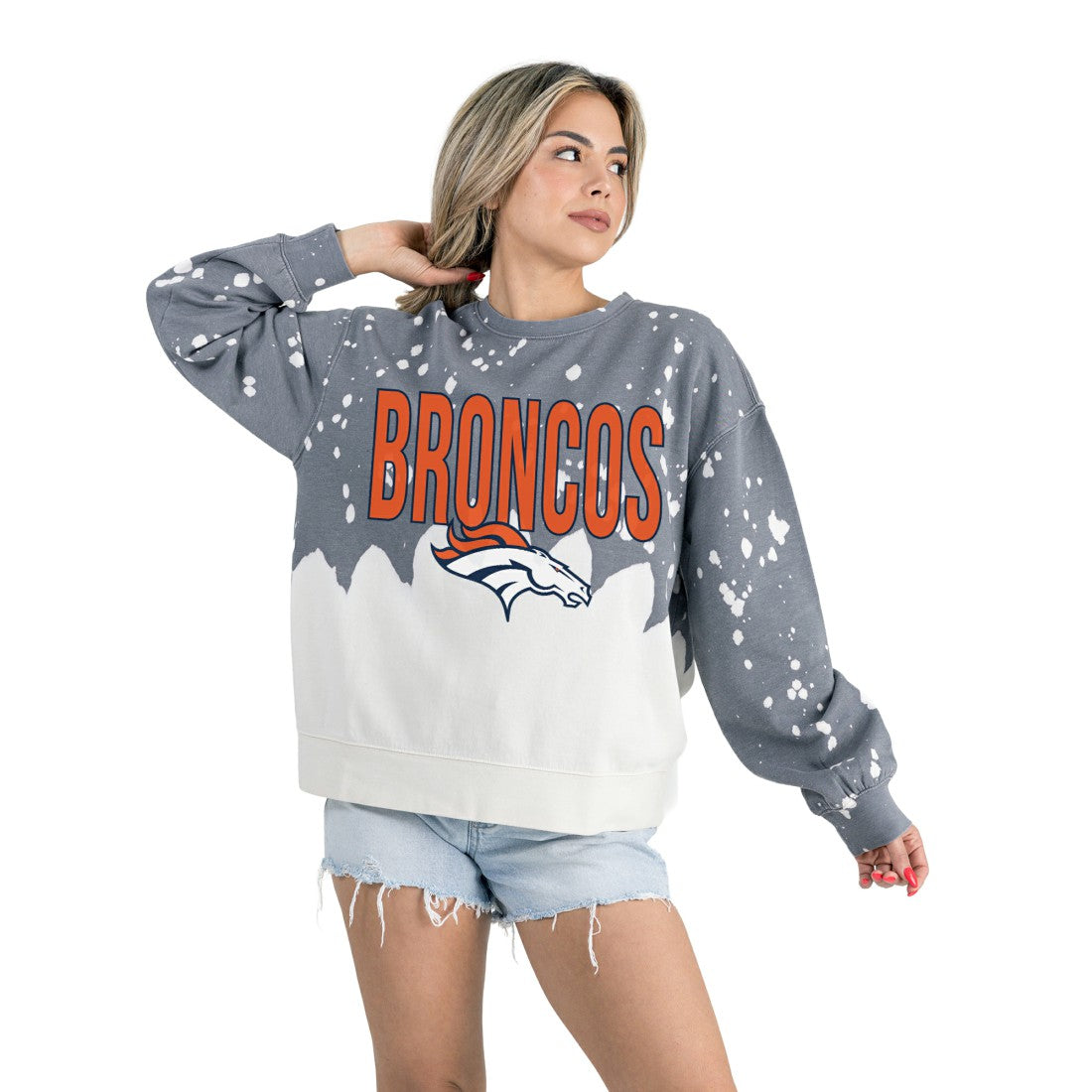 Denver Broncos Gameday Couture Women's Oversized Faded Wash Tri-Blend Pullover Sweatshirt - Gray for sale