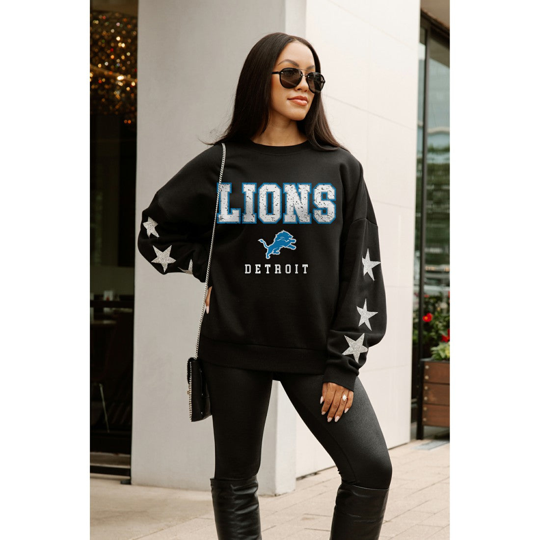 Detroit Lions Gameday Couture Women's Velocity Relaxed Rhinestone Pullover Sweatshirt - Black discount