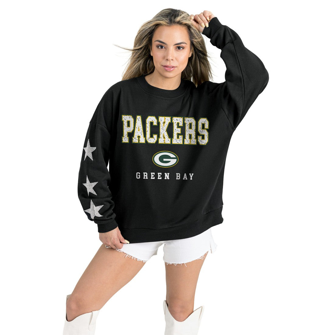 Green Bay Packers Gameday Couture Women's Velocity Relaxed Rhinestone Pullover Sweatshirt - Black cheap
